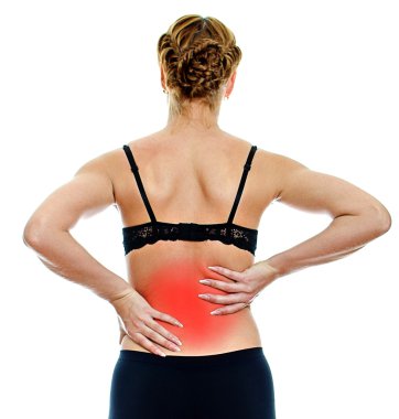 Dikiz spinal ağrı olan kadın. beyaz izole
