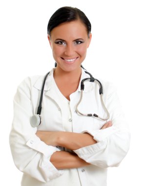 çekici doktor silah ile geçti. beyaz izole.