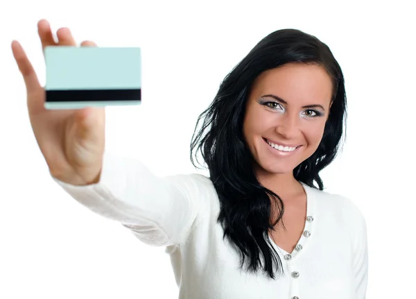 Smiling woman with credit card. Isolated on white. — Stock fotografie