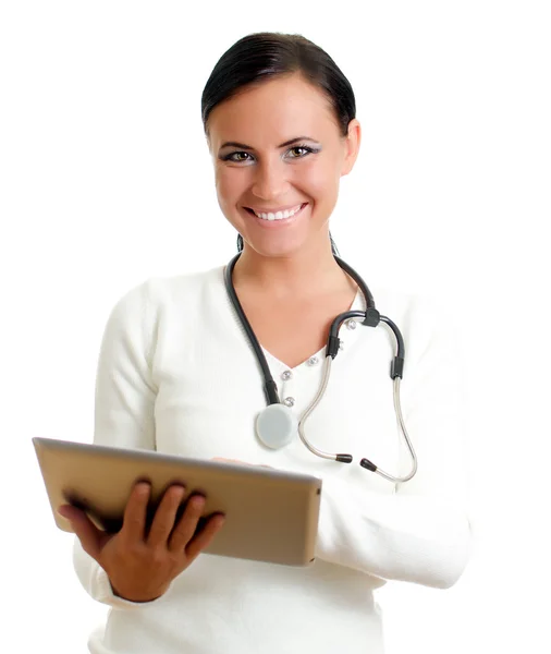 Medico sorridente con tablet pc. Isolato su bianco . — Foto Stock