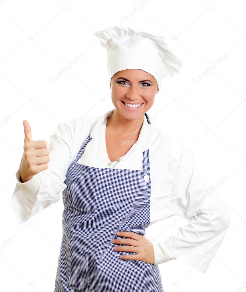 Happy chief cook giving thumbs up. Isolated on white.
