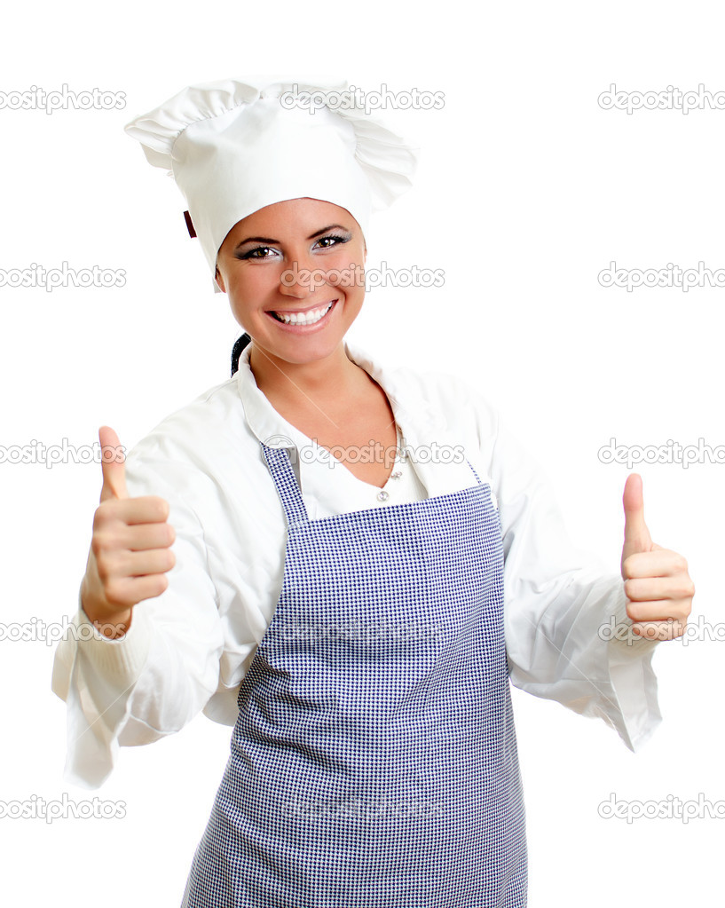 Happy chief cook giving two thumbs up. Isolated on white.