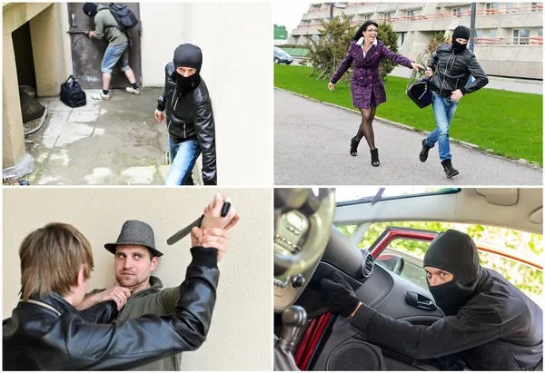 Story of different robberies. Collage made of four pictures — Stock Photo, Image