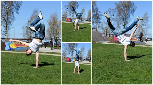 Break-dancer showing his skills. Collage of four photos. — Stock Photo, Image
