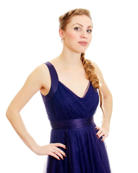 Woman with pigtail in blue dress. Isolated on white. — Stock Photo, Image