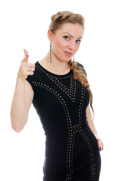 Woman with pigtail in black dress. Isolated on white. — Stock Photo, Image