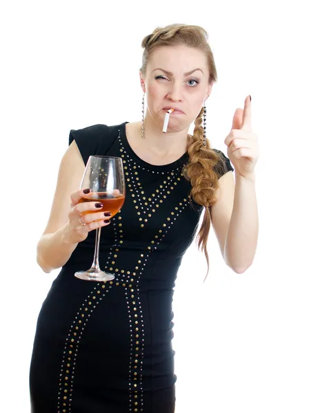 Drunk woman with cigarette and wine. Isolated on white. — Stock Photo, Image