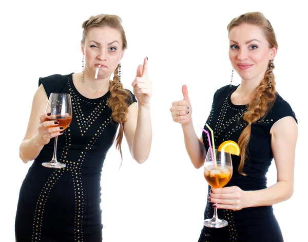 A diferença entre mulher bêbada e sóbria. Isolado em branco . — Fotografia de Stock