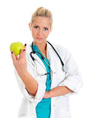 doğru dürüst yiyecek tavsiye genç kadın bir doktor. beyaz izole