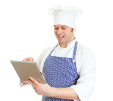 tablet pc kullanma yakışıklı şef aşçı. beyaz izole