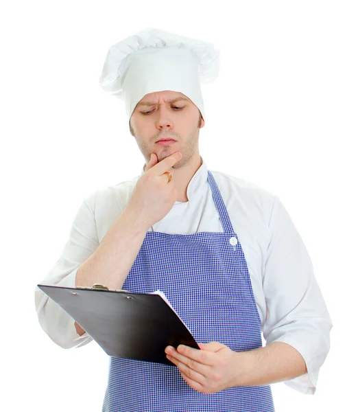 Chef pensante che compone un nuovo menu. Isolato su bianco — Foto Stock