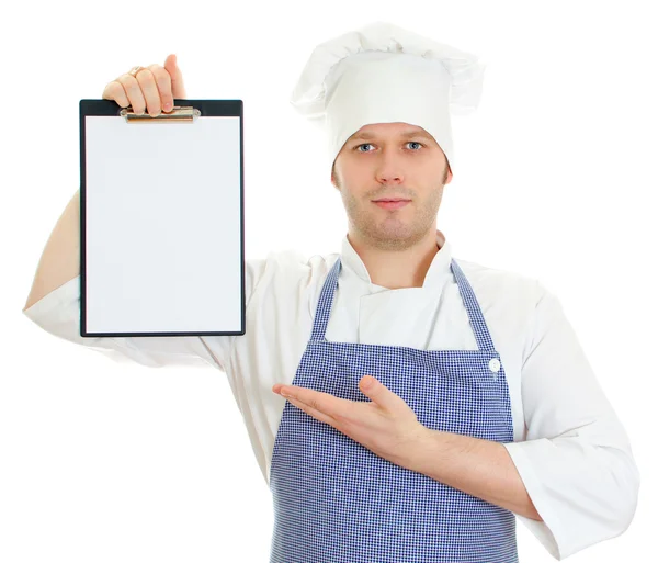 Handsome chef presenting new menu. Isolated on white — Stock Photo, Image