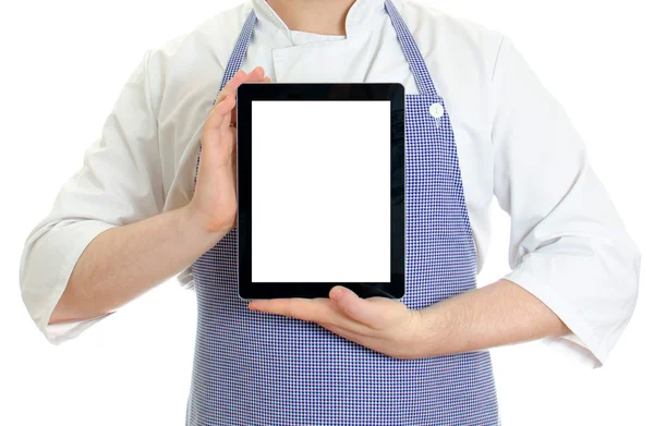 Male chef cook hands holding tablet pc. Isolated on white — Stock Photo, Image