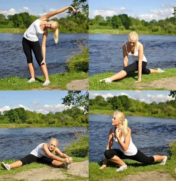 Jeune femme faisant de l'exercice à l'extérieur. Collage de quatre photos — Photo