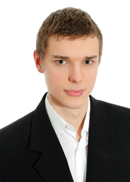 Retrato de um jovem bonito de fato preto. Isolado em branco — Fotografia de Stock