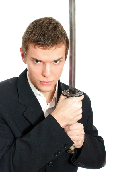 Male office worker with sword. Isolated on white — Stock Photo, Image