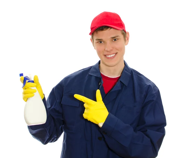 Jovem limpador de janelas masculino segurando limpador. Isolado em branco — Fotografia de Stock