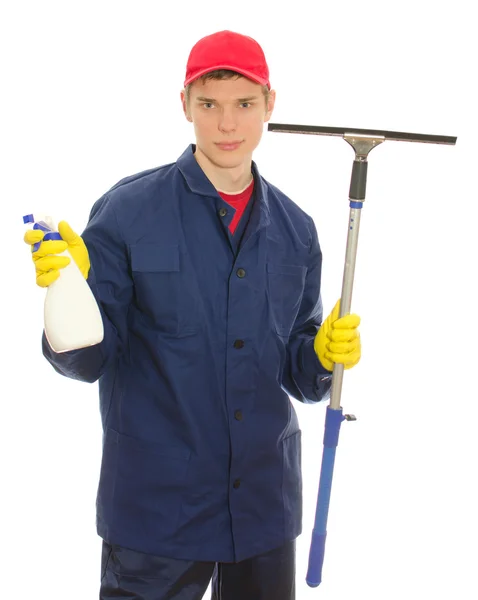 Young male window cleaner with tools. Isolated on white — Stock Photo, Image