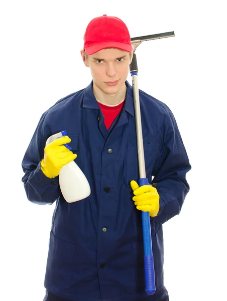 Mladý muž okno čistič s nástroji. izolované na bílém — Stock fotografie