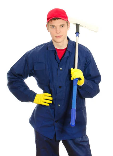 Limpiador de ventanas masculino joven con limpiaparabrisas. Aislado sobre blanco — Foto de Stock