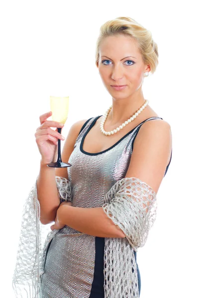 Mulher loira em vestido de festa segurando vinho. Isolado em branco — Fotografia de Stock