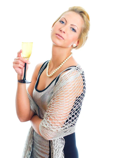 Blonde vrouw in partij jurk bedrijf wijnglas. geïsoleerd op wit — Stockfoto