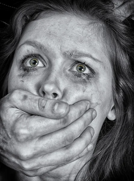 Portrait of scared woman with tears. Violence concept. Black and white — Stock Photo, Image