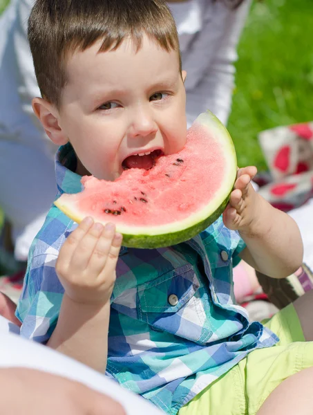 Portrait of a boy eating watermelon in the park — Stock Photo, Image