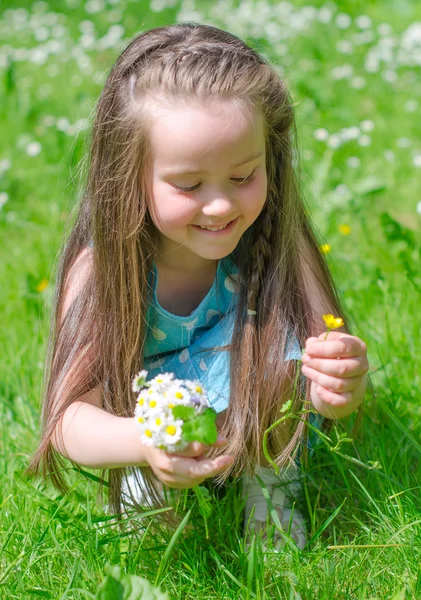 Kleines Mädchen sammelt Blumen im Sommerpark — Stockfoto