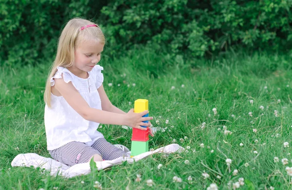 Kleines Mädchen spielt Blöcke im Park — Stockfoto