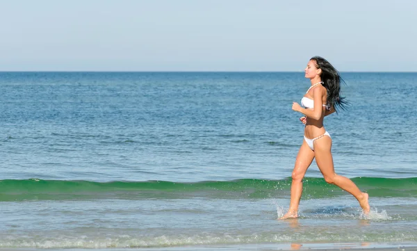 Smyslná brunetka na pláži. místo pro text. — Stock fotografie