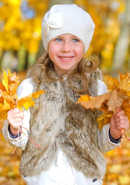 Pequena menina sorridente com folhas de outono caídas — Fotografia de Stock