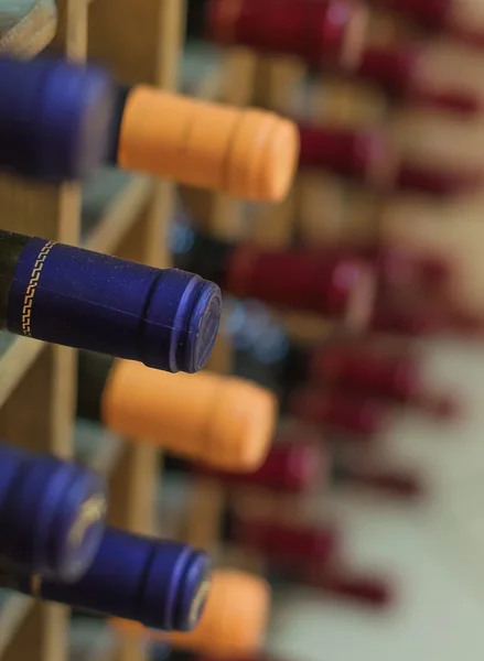 Diferentes botellas de vino apiladas en bastidores de madera — Foto de Stock