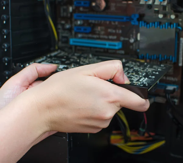 Hände des Technikers installieren Grafikkarte — Stockfoto