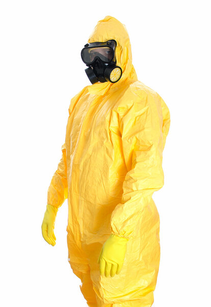 Man in protective hazmat suit. Isolated on white.