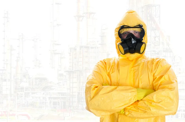 Worker in protective chemical suit. Space for your text. — Stock Photo, Image