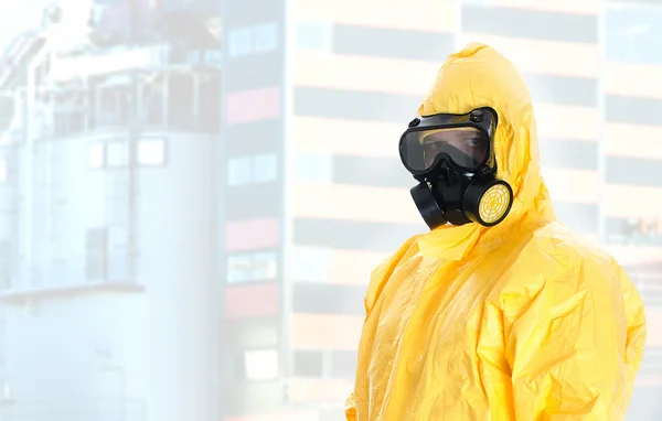 Worker in protective chemical suit. Space for your text. — Stock Photo, Image