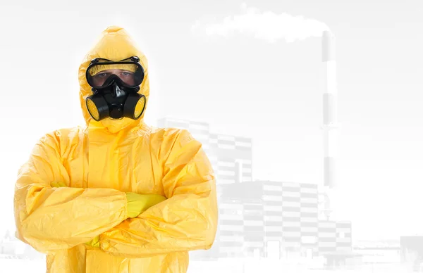 Worker in protective chemical suit. Space for your text. — Stock Photo, Image