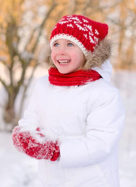 Kışın hoş gülümseyen küçük kız. — Stok fotoğraf