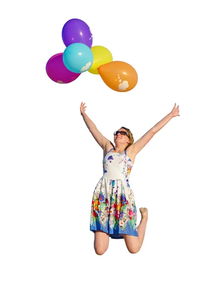 Junge Frau mit bunten Luftballons. isoliert auf weiß. — Stockfoto