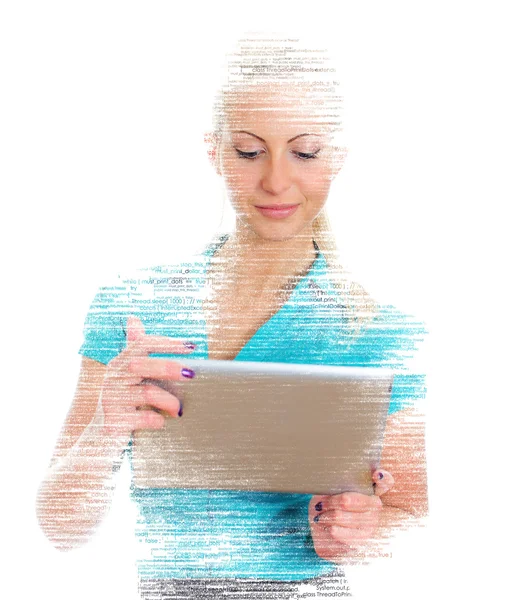 Programmatore femmina con tablet pc su sfondo bianco . — Foto Stock