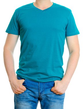 Turkuaz t-shirt adam. Beyaz arka plan üzerinde izole.