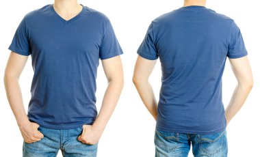 adam mavi tişört. Beyaz arka plan üzerinde izole.