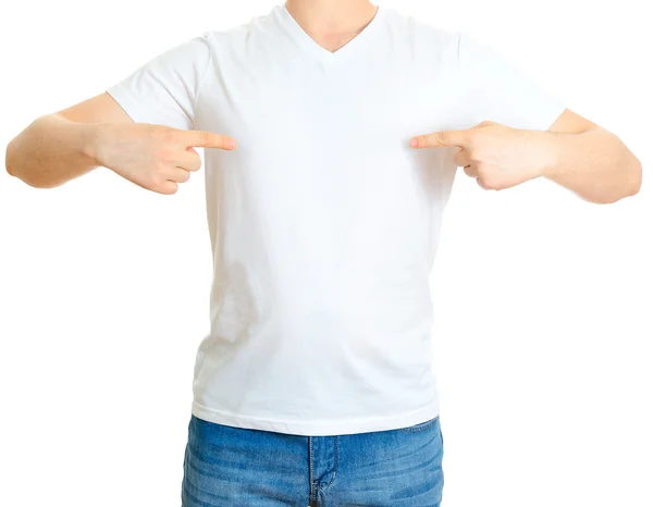 Mann im weißen T-Shirt. isoliert auf weißem Hintergrund. — Stockfoto