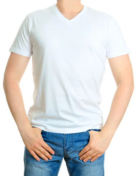 Mann im weißen T-Shirt. isoliert auf weißem Hintergrund. — Stockfoto