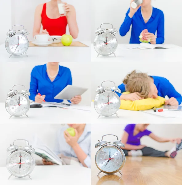 Horário da colagem do dia. Café da manhã, jantar, almoço, trabalho, esporte . — Fotografia de Stock