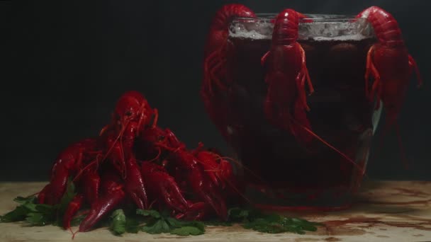 Cooked Crayfish Crawfish Glass Beer — Stock Video