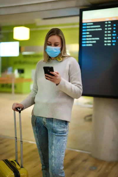 stock image Woman is waiting for her flight at the airport.