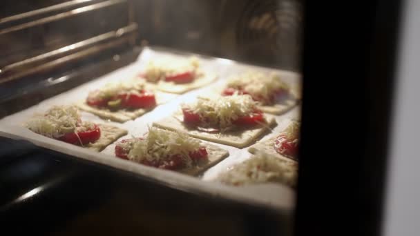 Bakning Fyrkantiga Minipizzor Med Salami Ost Oliver Och Tomat — Stockvideo