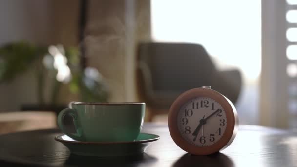 Manhã Sete Horas Relógio Uma Xícara Chá — Vídeo de Stock